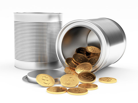 Closed and open metal cans with spilled golden coins on white background. 3D illustration