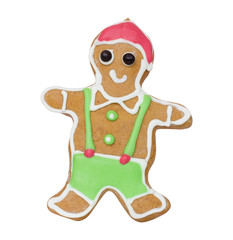 Happy gingerbread man decorated with red, green and white color icing isolated on white background for cooking, christmas party, new year's day, new year's eve, silvester, winter holiday and etc.