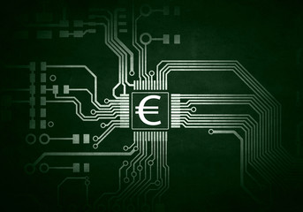 Money concept and curcuit board . Mixed media