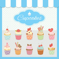 Illustration vector cupcakes menu for blue bakery cafe shop.