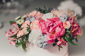 Colorful decoration for wedding celebration. Beauty bridal interior. Bouquet and flowers in hall