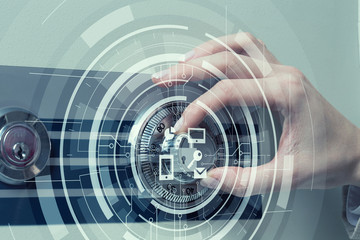 Woman open safe . Mixed media