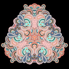 Round symmetrical pattern in peach and blue colors. Mandala. Kaleidoscopic design.