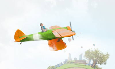 Girl flying old plane . Mixed media