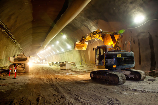 Fototapeta Concrete Road Tunnel Construction Excavator