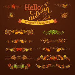 Set of autumn leaves borders, page decorations and dividers.