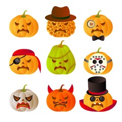 Set of 9 halloween carved pumpkins.
