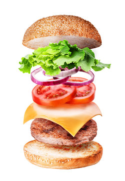 Flying burger ingredients isolated