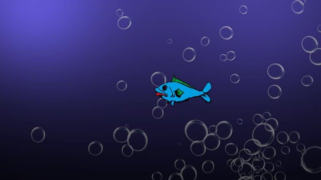 Cartoon fish swimming with bubbles in blue sea