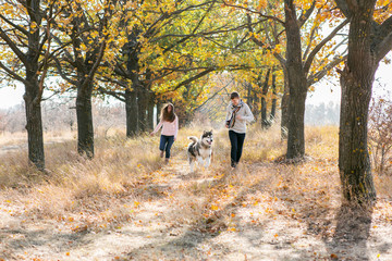 Fototapeta premium Man and woman playing with the dog