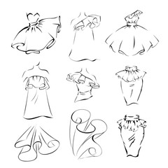 clothes in the romantic style, contour. dresses and skirts with