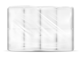 Transparent empty plastic packaging with toilet paper