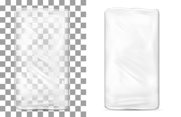 Transparent empty plastic packaging for toilet paper, soap