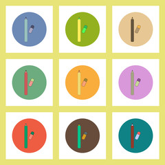 flat icons set of back to school concept on colorful circles Pencil and eraser