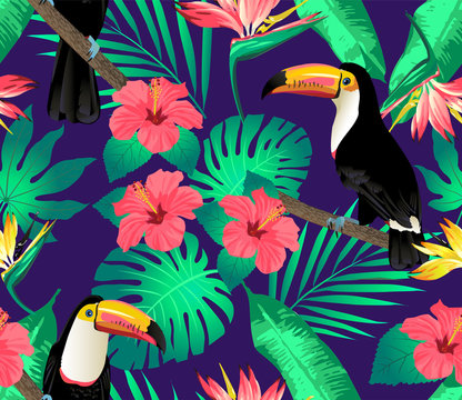 Tropical birds and palm leaves seamless background. Vector. Toucan.