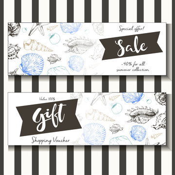 Set of vector flyer for summer sale and gift voucher Decorated w