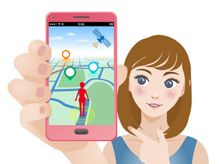 smart phone game application using location information, young woman holding smart phone and pointing screen, vector illustration