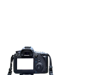 Modern digital camera on white background