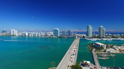 Miami Beach, Florida. Aerial view of city skyline at dusk