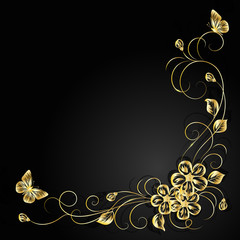 Gold flowers with shadow on dark background.