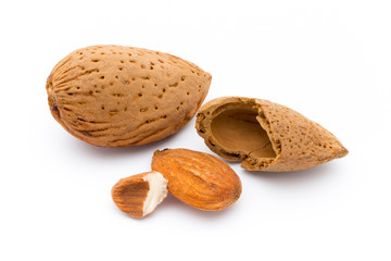 Group of almond nuts. Isolated on a white background.