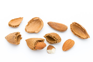 Group of almond nuts. Isolated on a white background.