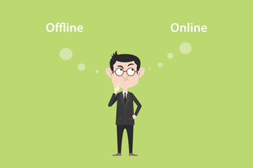online of offline concept with businessman standing confuse to choose between two option vector graphic