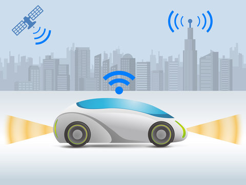 autonomous concept car that communicates with satellite and wireless communication antenna, vector illustration