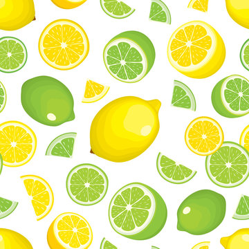 Vector seamless background of citrus products - lemon and lime on white background. Whole fruits and slices. Cover design. 