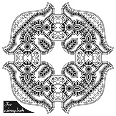 Henna tattoo mandala in mehndi style. Pattern for coloring book. Hand drawn vector illustration isolated on white background. Design element in Doodles style.
