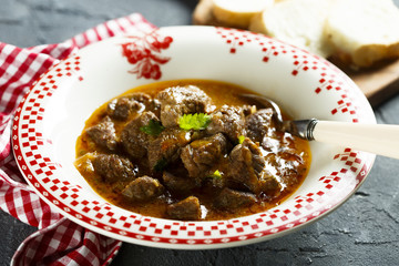 Classic beef goulash with tomatoes