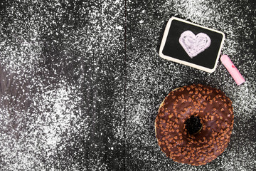 donut with chocolate  and heart drawing