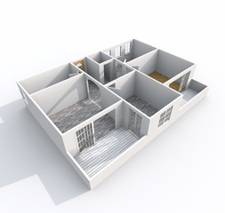 3d interior rendering perspective view of empty paper model home apartment with two balconies