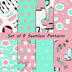Set of seamless patterns utensil. Kitchen staff plates, cups, cutlery and tea set.