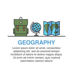 Geography banner design with travel backpack, earth globe and map of the world icons.