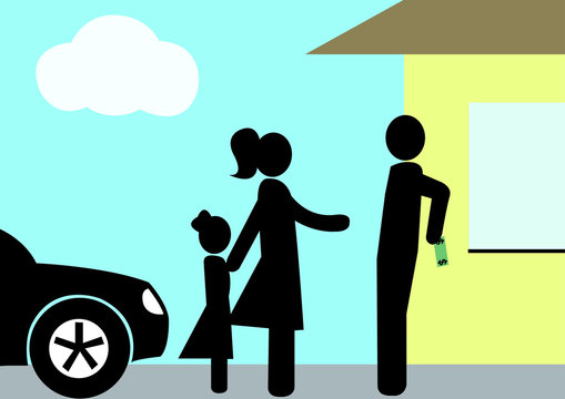 illustration child support; refuse; man; woman; girl; divorced; dollar; payment; refuse; money; child