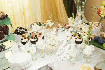 Buffet with a variety of delicious sweets, food ideas, celebration