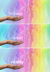 Connect Vitality and Wellness - 3 x rainbow colored campaign banners with a female hand palm up...