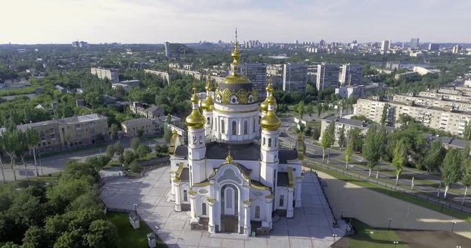 donetsk city church from the drone view