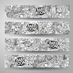 Cartoon vector hand-drawn sketchy baby boom doodles banners