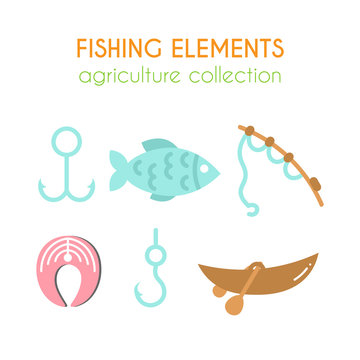 Vector fishing elements. Boat with paddles illustration. Salmon steak. Fishing rod in cartoon style. Flat argiculture collection.