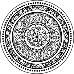 Drawing of a abstract vector with floral round lace mandala, decorative element in ethnic tribal style, black line art on a white background