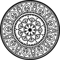 Drawing of a abstract vector with floral round lace mandala, decorative element in ethnic tribal style, black line art on a white background