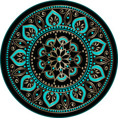 Drawing of a floral mandala in black, gold and turquoise colors on a white background