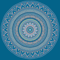 Drawing of a floral mandala in blue, yellow, turquoise and orange colors on a dark blue background