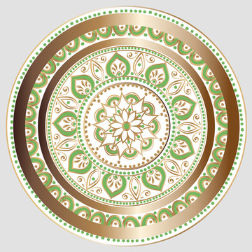 Drawing of a floral mandala in white, gold and green colors on a light grey background