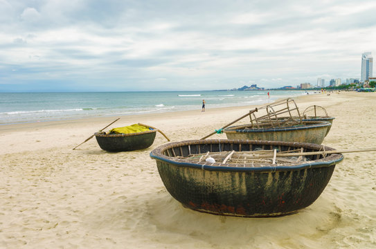 Bamboo boats at the China Beach in Danang Vietnam