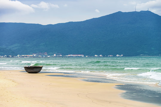 Bamboo fishing boat at China Beach in Danang in Vietnam