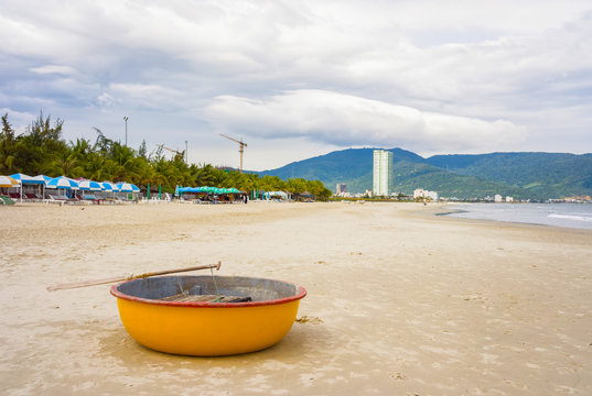 Bamboo round boat at the China Beach in Danang Vietnam