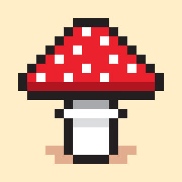 Pixel art, minimalist mushroom amanita, flat web icon, vector design object
